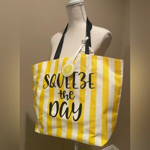 SQUEEZE THE DAY Tote Bag Lemon Slice Yellow Striped NEW with Tags